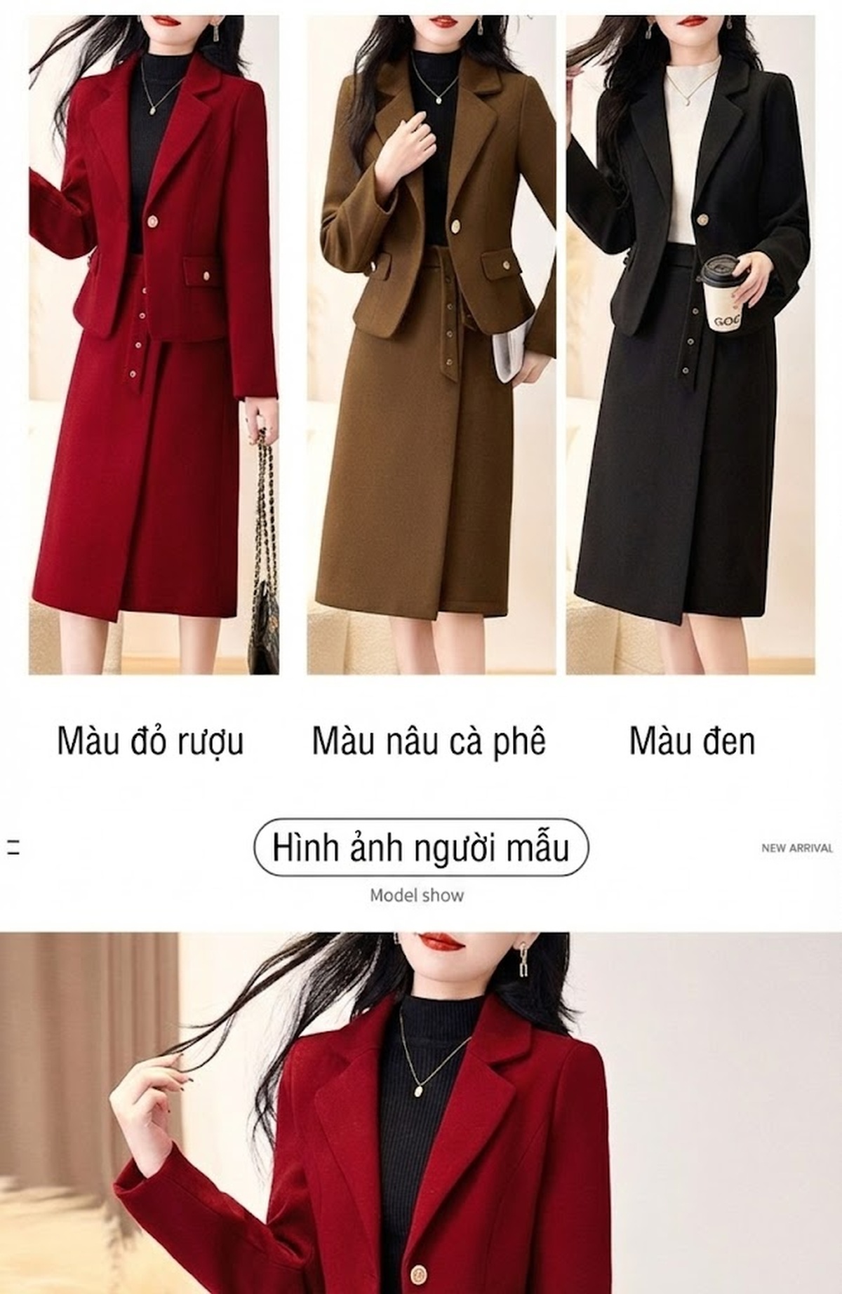 Bộ Áo Khoác Blazer và Chân Váy Nữ Vải Nỉ Cao Cấp Phong Cách Hàn Quốc Màu Đỏ, Nâu, Đen chi tiết 9