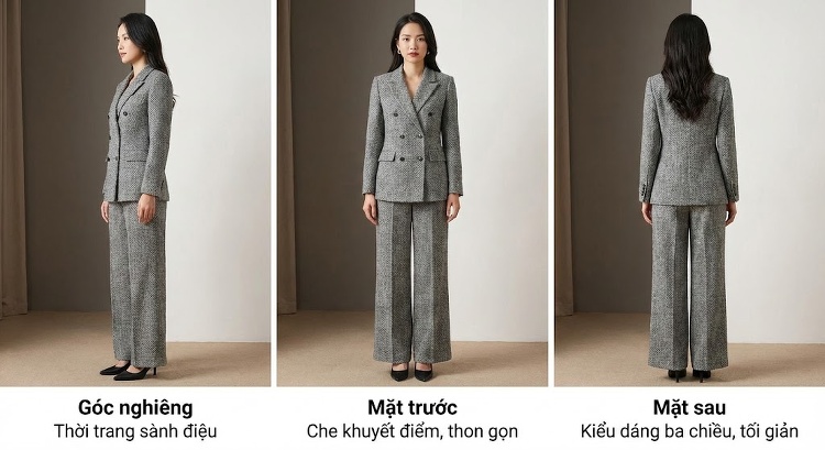 Bộ Áo Vest Quần Ống Rộng Nữ Chất Liệu Lông Cừu Màu Xám chi tiết 4