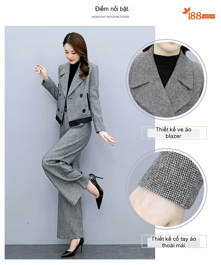 Bộ Áo Vest Quần Ống Rộng Nữ Chất Liệu Lông Cừu Màu Xám chi tiết 5
