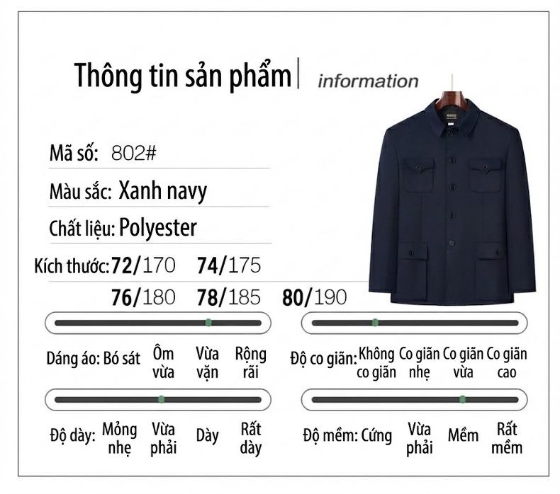Bộ Âu Phục Trung Sơn Nam Phong Cách Trung Hoa Thu Đông Cho Người Lớn Tuổi Màu Xanh Navy chi tiết 5