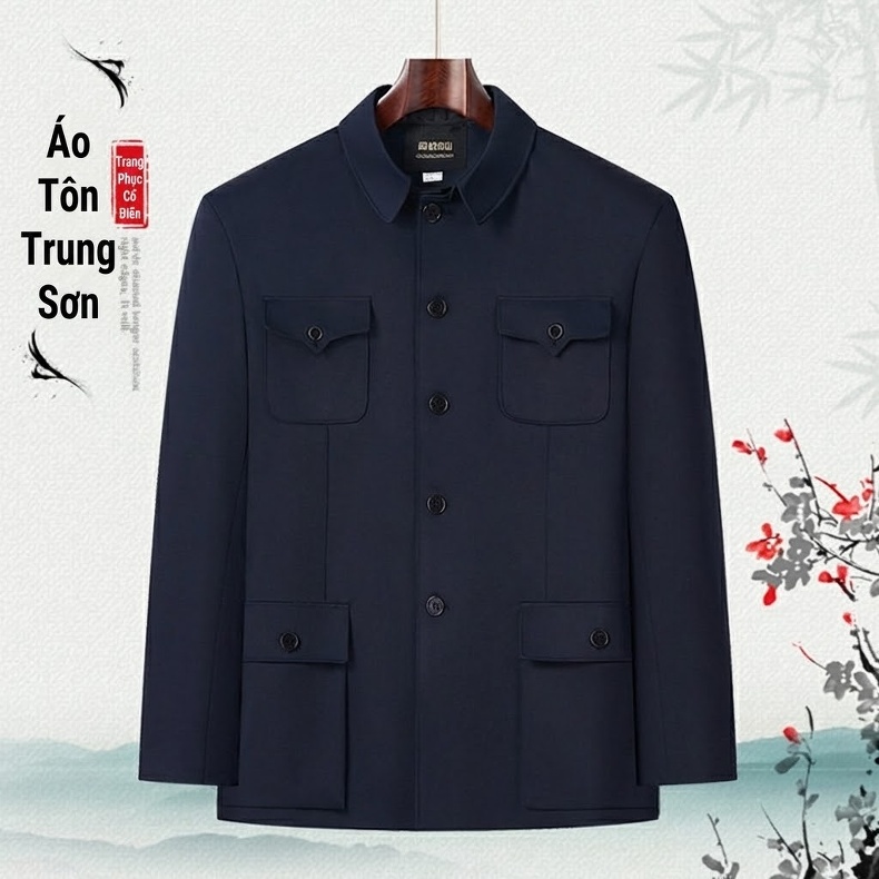 Bộ Âu Phục Trung Sơn Nam Phong Cách Trung Hoa Thu Đông Cho Người Lớn Tuổi Màu Xanh Navy chi tiết 1