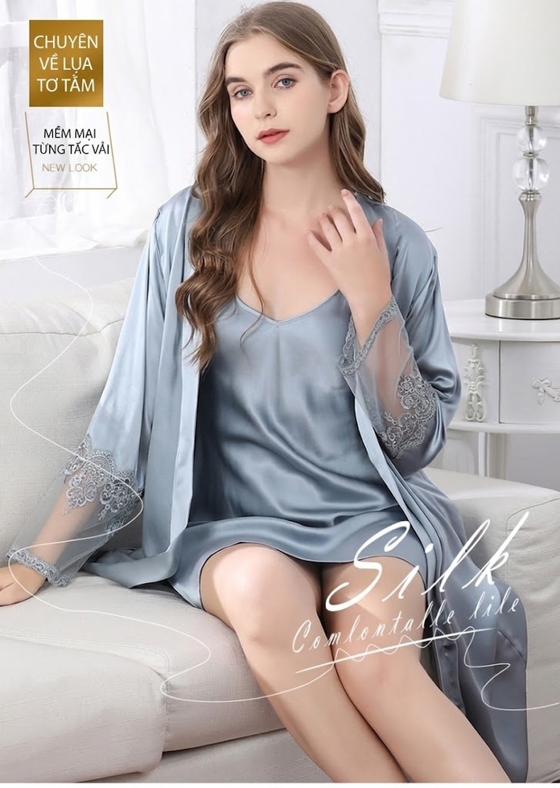 Bộ Đồ Ngủ Hai Dây Lụa Tơ Tằm Áo Choàng Ren Quyến Rũ Mùa Hè Màu Xanh Lam, Hồng chi tiết 1