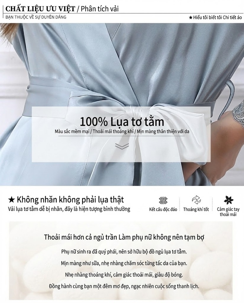 Bộ Đồ Ngủ Hai Dây Lụa Tơ Tằm Áo Choàng Ren Quyến Rũ Mùa Hè Màu Xanh Lam, Hồng chi tiết 2