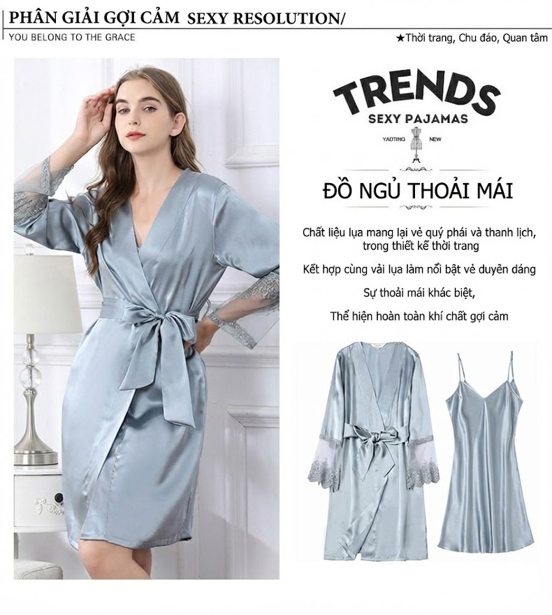 Bộ Đồ Ngủ Hai Dây Lụa Tơ Tằm Áo Choàng Ren Quyến Rũ Mùa Hè Màu Xanh Lam, Hồng chi tiết 3