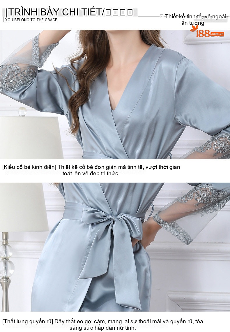 Bộ Đồ Ngủ Hai Dây Lụa Tơ Tằm Áo Choàng Ren Quyến Rũ Mùa Hè Màu Xanh Lam, Hồng chi tiết 13