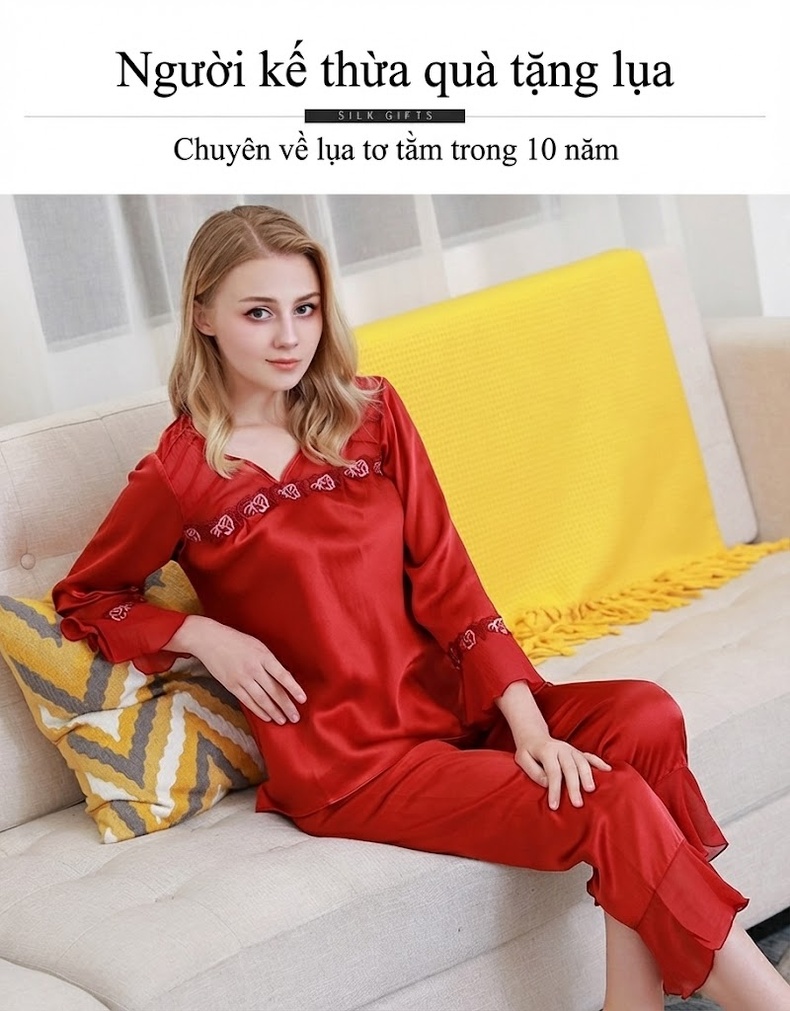 Bộ Đồ Ngủ Lụa Tơ Tằm Dài Tay Cho Nữ Mùa Xuân Thu chi tiết 1