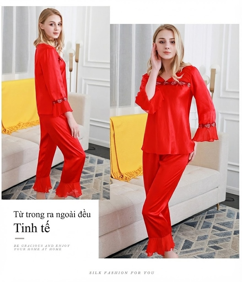 Bộ Đồ Ngủ Lụa Tơ Tằm Dài Tay Cho Nữ Mùa Xuân Thu chi tiết 7