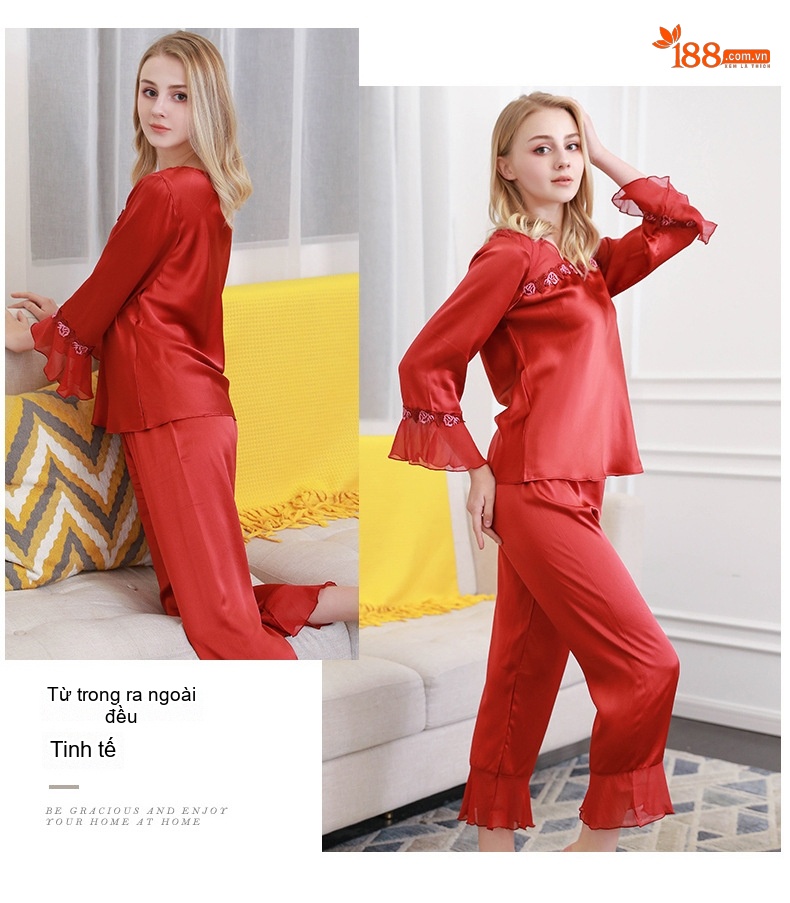 Bộ Đồ Ngủ Lụa Tơ Tằm Dài Tay Cho Nữ Mùa Xuân Thu chi tiết 10