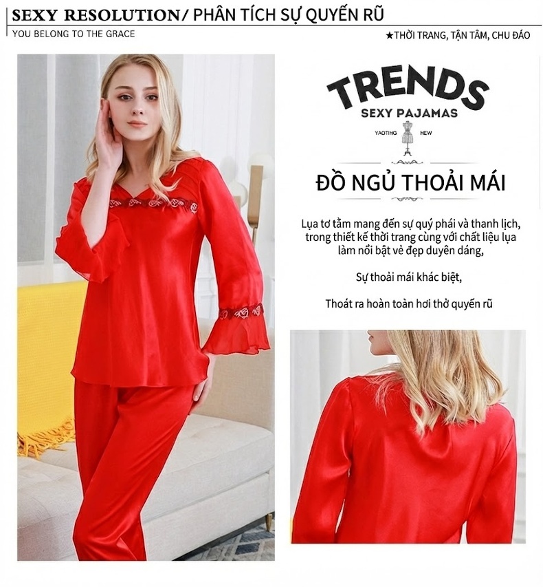 Bộ Đồ Ngủ Lụa Tơ Tằm Dài Tay Cho Nữ Mùa Xuân Thu chi tiết 3