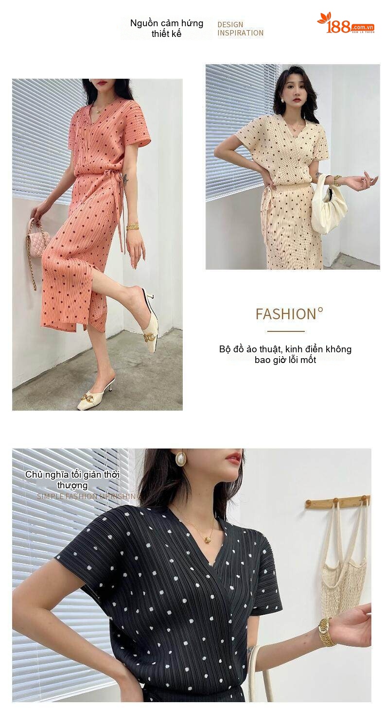 Bộ Đồ Nữ Áo Cổ chữ V và Chân Váy Xẻ Tà Họa Tiết Chấm Bi Dập Ly Màu Đen, Kem, Hồng chi tiết 2