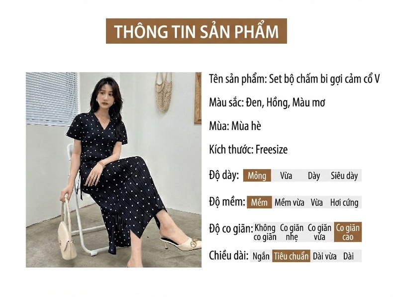 Bộ Đồ Nữ Áo Cổ chữ V và Chân Váy Xẻ Tà Họa Tiết Chấm Bi Dập Ly Màu Đen, Kem, Hồng chi tiết 4
