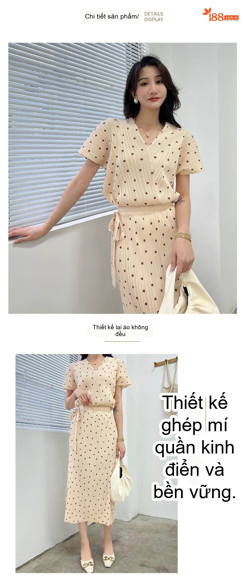 Bộ Đồ Nữ Áo Cổ chữ V và Chân Váy Xẻ Tà Họa Tiết Chấm Bi Dập Ly Màu Đen, Kem, Hồng chi tiết 5