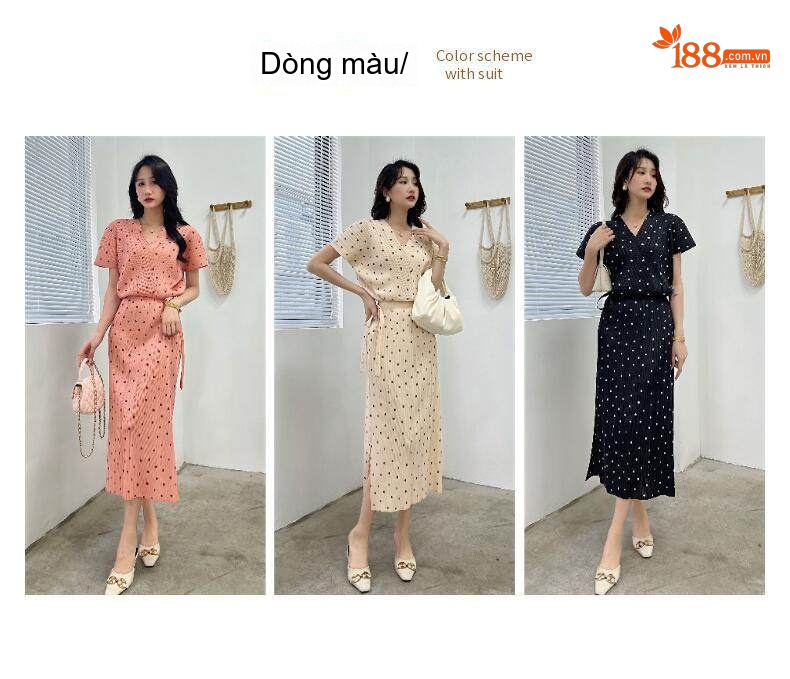Bộ Đồ Nữ Áo Cổ chữ V và Chân Váy Xẻ Tà Họa Tiết Chấm Bi Dập Ly Màu Đen, Kem, Hồng chi tiết 6