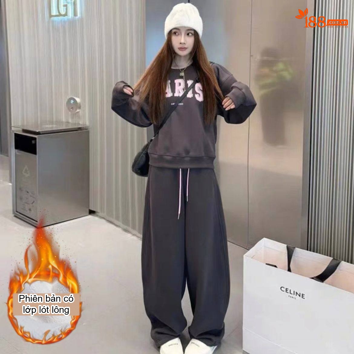 Bộ Đồ Nữ Áo Hoodie Cổ Tròn Quần Dài Dáng Rộng Lót Lông Phong Cách Thể Thao