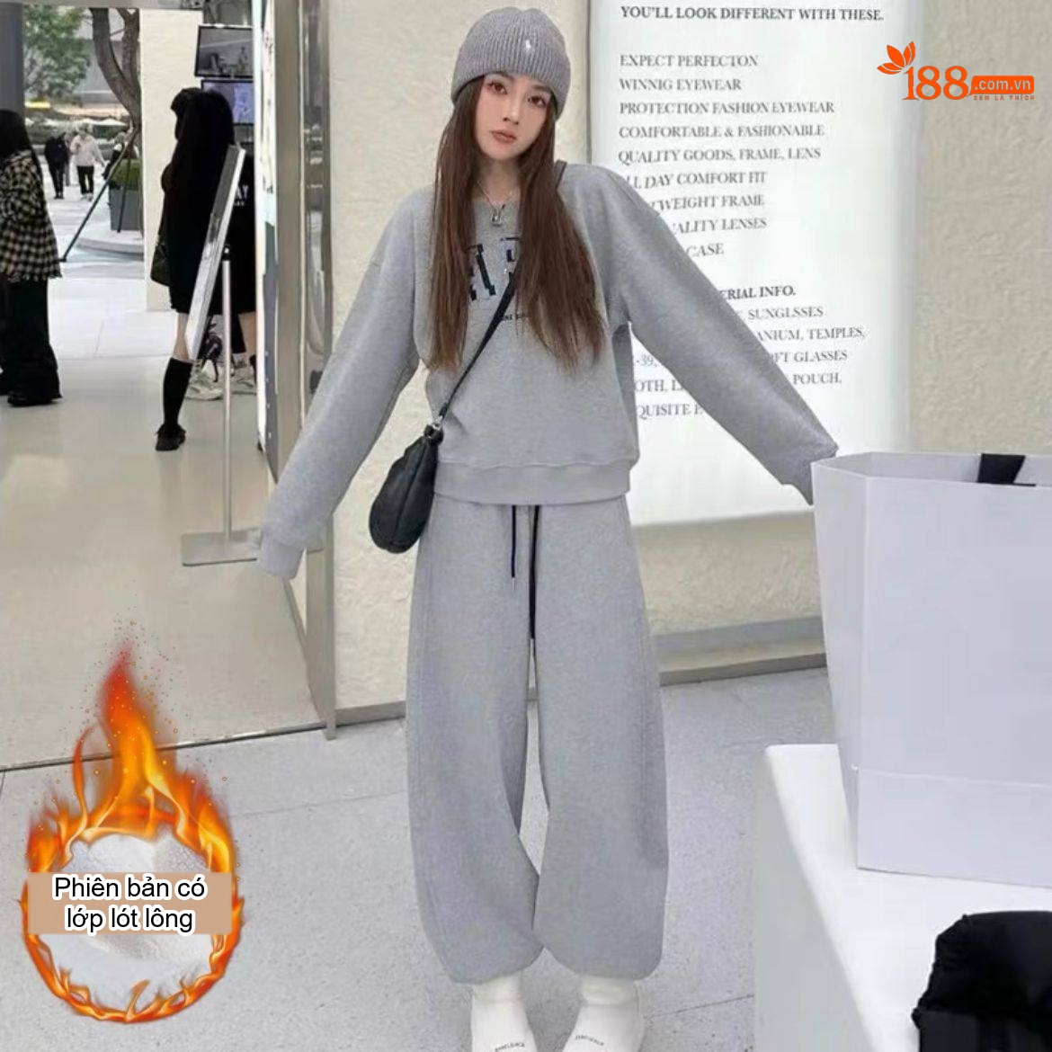 Bộ Đồ Nữ Áo Hoodie Cổ Tròn Quần Dài Dáng Rộng Lót Lông Phong Cách Thể Thao