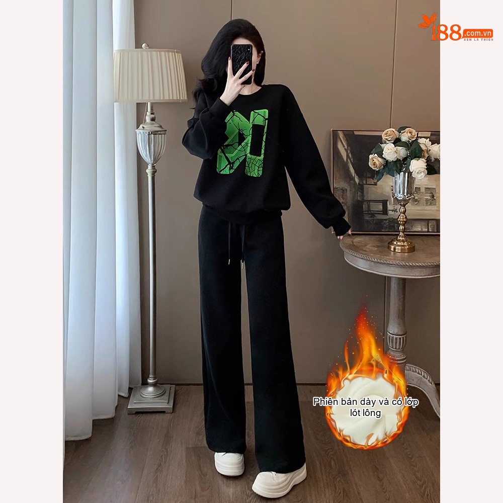 Bộ Đồ Nữ Áo Hoodie và Quần Dài Dáng Rộng Lót Lông Dày Dặn Phong Cách Hàn Quốc Màu Đen