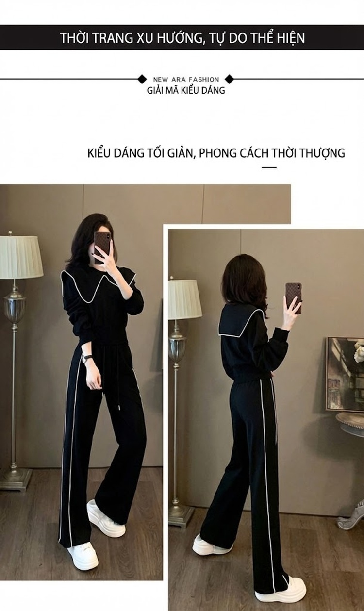 Bộ đồ thể thao nữ cotton dệt kim lót lông phong cách trẻ trung chi tiết 4