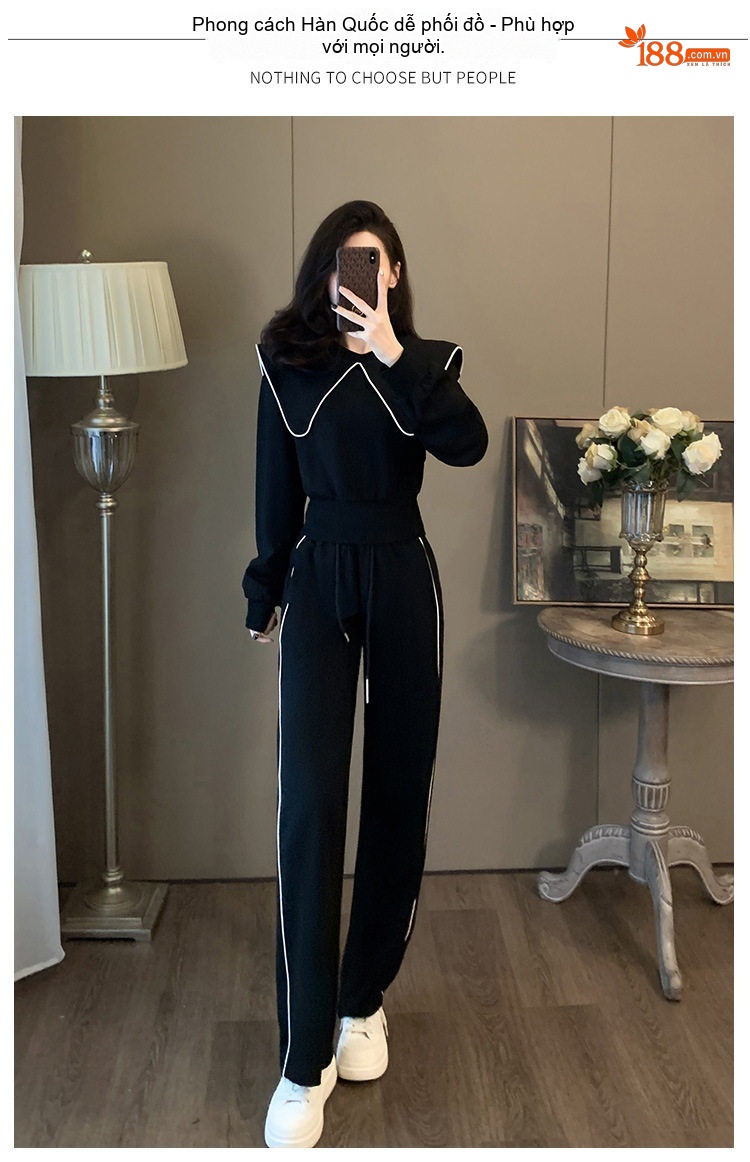 Bộ đồ thể thao nữ cotton dệt kim lót lông phong cách trẻ trung chi tiết 5