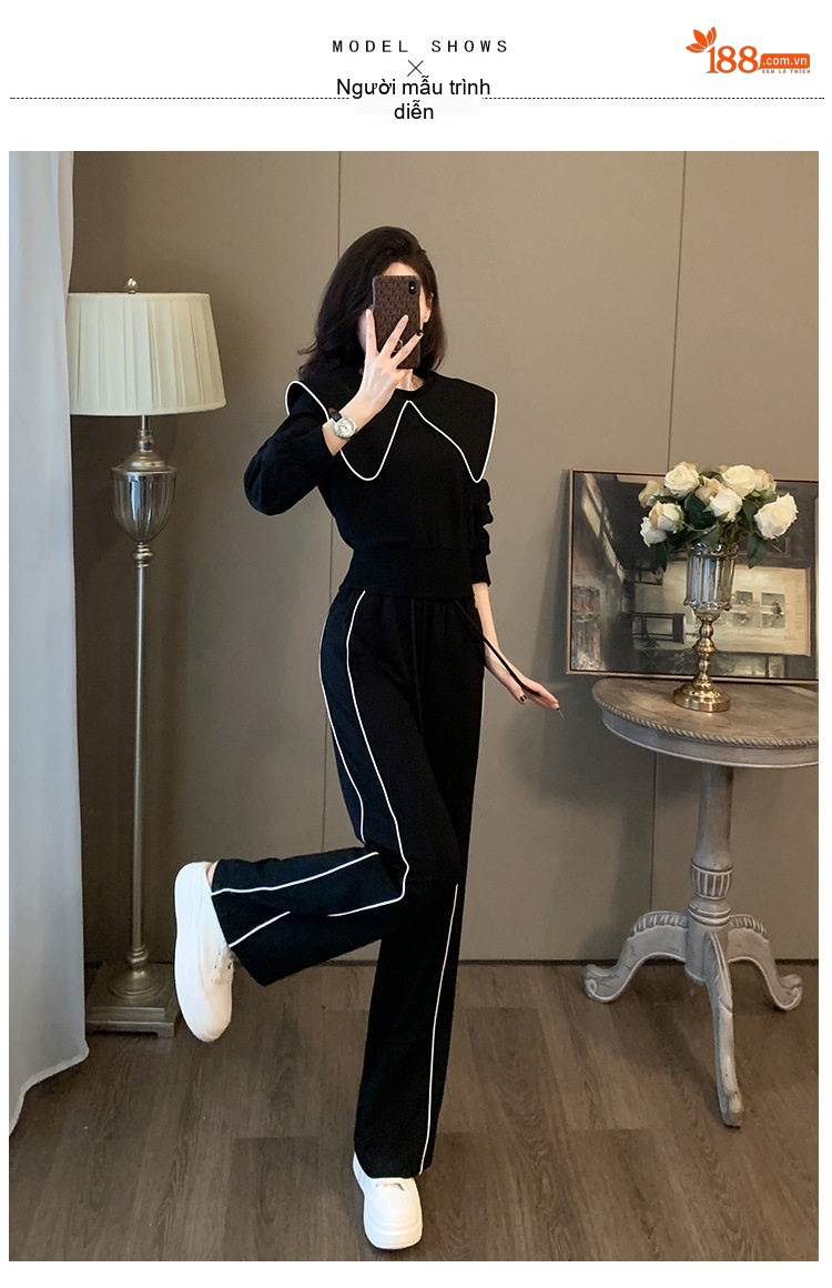 Bộ đồ thể thao nữ cotton dệt kim lót lông phong cách trẻ trung chi tiết 6