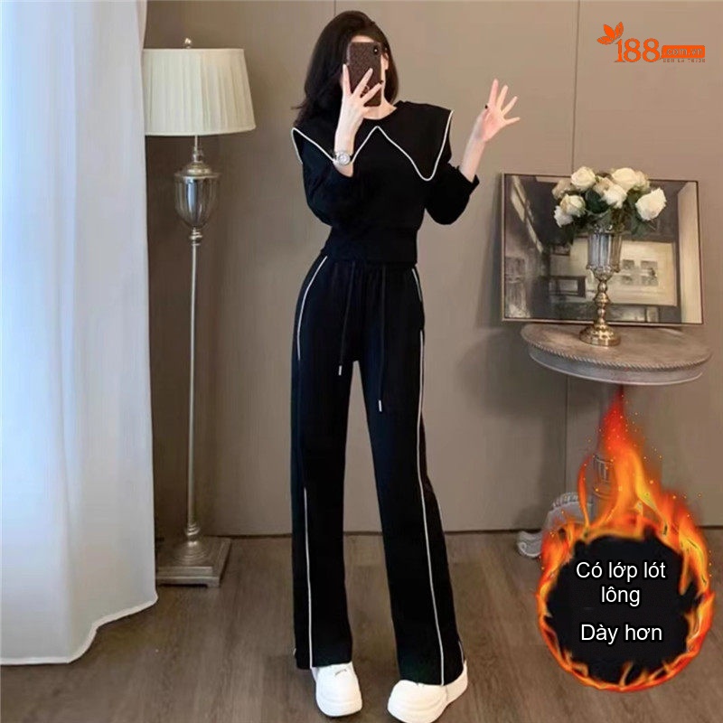 Bộ đồ thể thao nữ cotton dệt kim lót lông phong cách trẻ trung