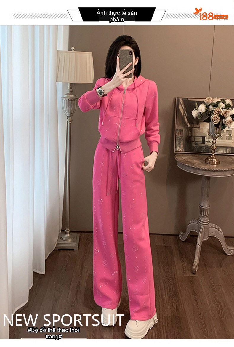 Bộ Đồ Thể Thao Nữ Dài Tay Áo Khoác Có Mũ Và Quần Dài Phong Cách Thời Trang Màu Hồng chi tiết 1