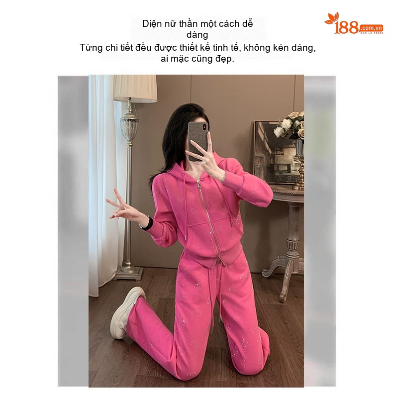 Bộ Đồ Thể Thao Nữ Dài Tay Áo Khoác Có Mũ Và Quần Dài Phong Cách Thời Trang Màu Hồng chi tiết 3
