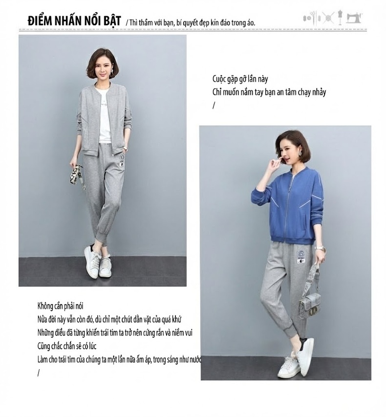 Bộ Đồ Thể Thao Nữ Dáng Nhỏ Áo Khoác Quần Dài Phong Cách Trẻ Trung Màu Tím, Vàng, Xanh, Xám chi tiết 3