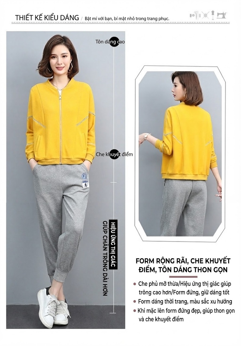 Bộ Đồ Thể Thao Nữ Dáng Nhỏ Áo Khoác Quần Dài Phong Cách Trẻ Trung Màu Tím, Vàng, Xanh, Xám chi tiết 5