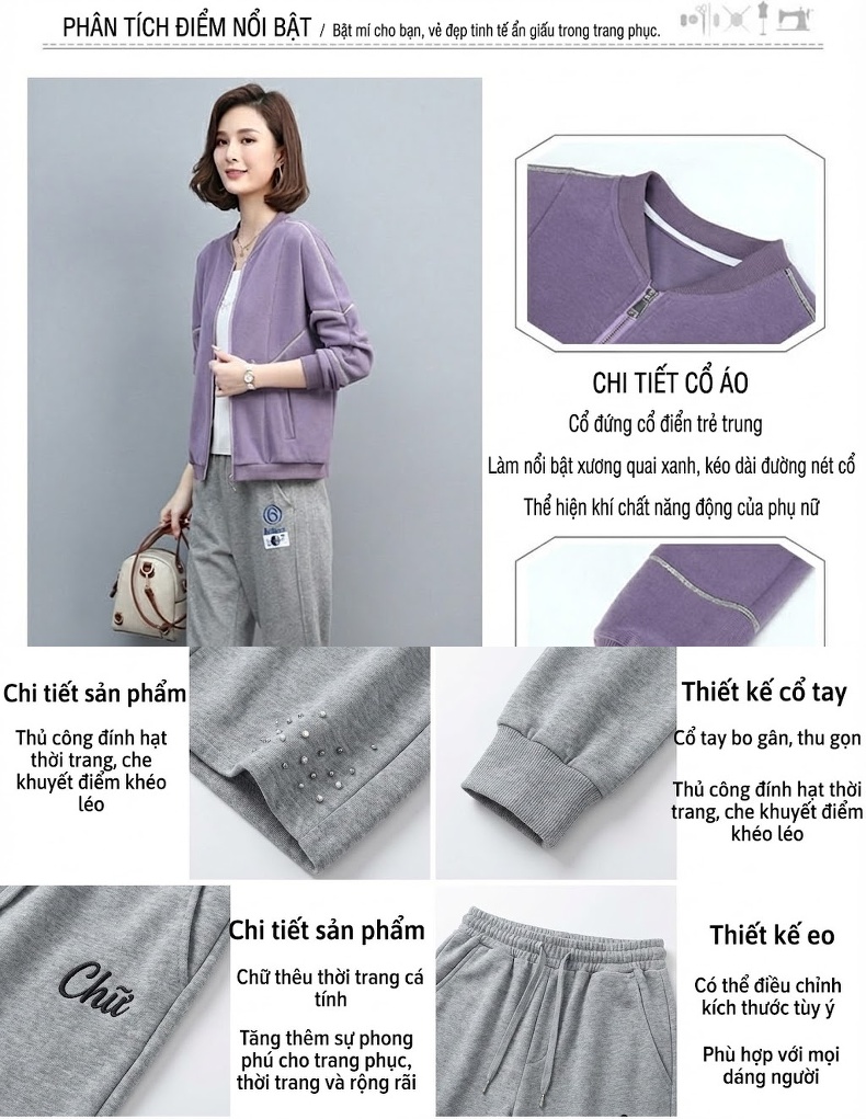 Bộ Đồ Thể Thao Nữ Dáng Nhỏ Áo Khoác Quần Dài Phong Cách Trẻ Trung Màu Tím, Vàng, Xanh, Xám chi tiết 34
