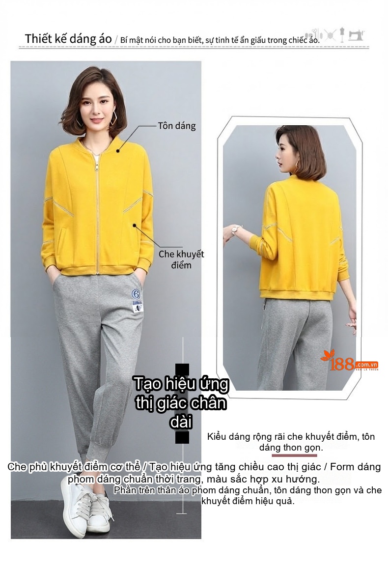 Bộ Đồ Thể Thao Nữ Dáng Nhỏ Áo Khoác Quần Dài Phong Cách Trẻ Trung Màu Tím, Vàng, Xanh, Xám chi tiết 35