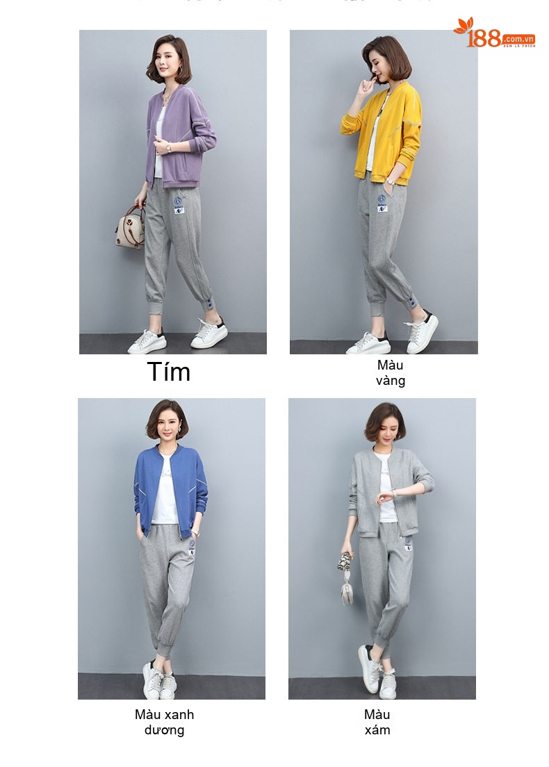 Bộ Đồ Thể Thao Nữ Dáng Nhỏ Áo Khoác Quần Dài Phong Cách Trẻ Trung Màu Tím, Vàng, Xanh, Xám chi tiết 8