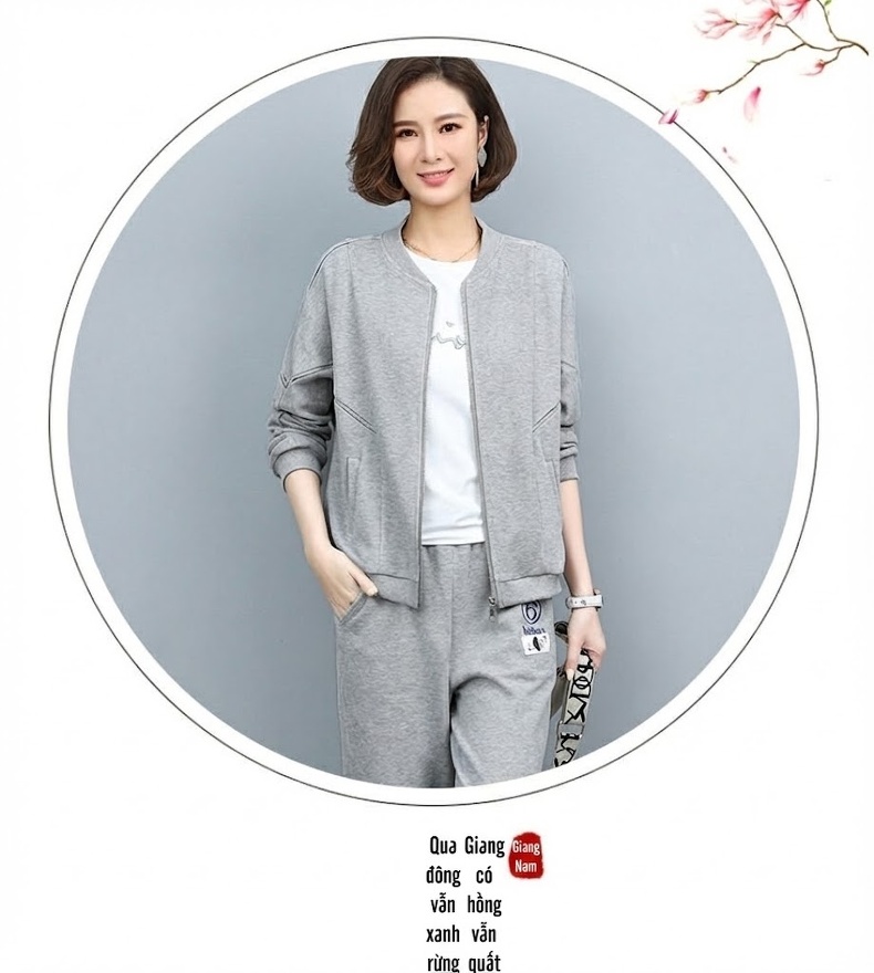 Bộ Đồ Thể Thao Nữ Dáng Nhỏ Áo Khoác Quần Dài Phong Cách Trẻ Trung Màu Tím, Vàng, Xanh, Xám chi tiết 21