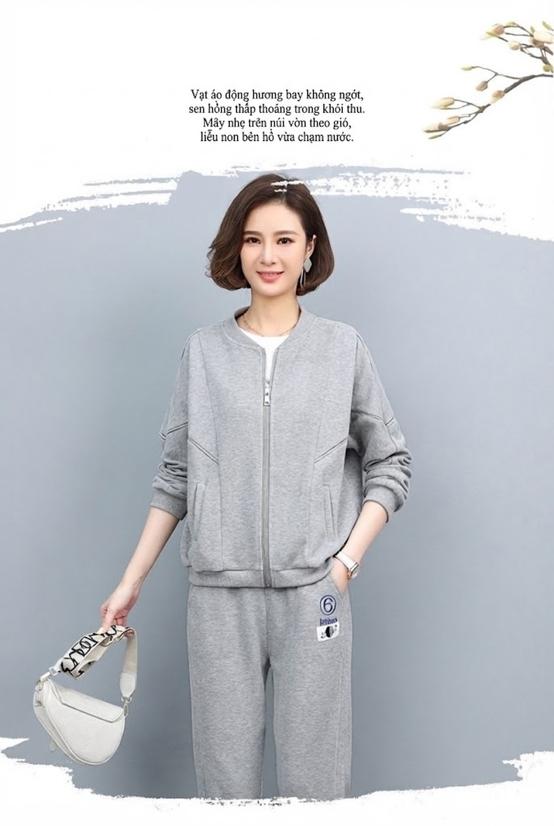 Bộ Đồ Thể Thao Nữ Dáng Nhỏ Áo Khoác Quần Dài Phong Cách Trẻ Trung Màu Tím, Vàng, Xanh, Xám chi tiết 23
