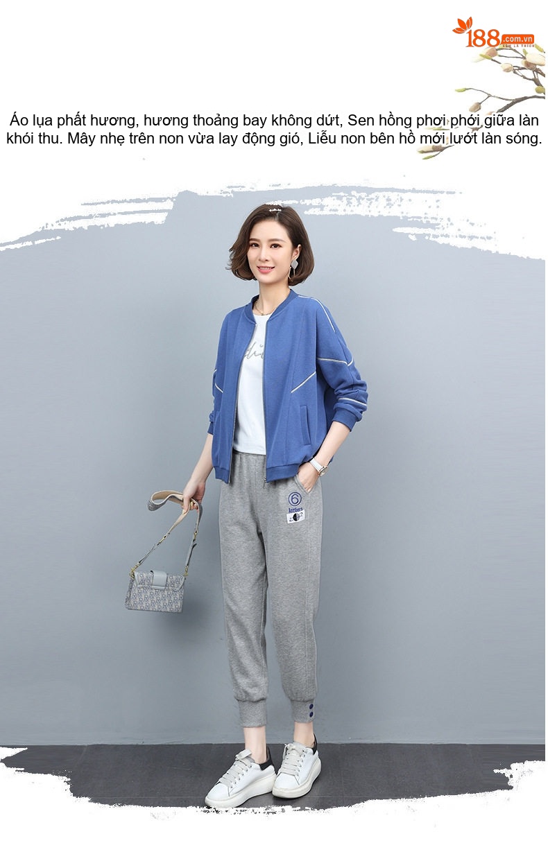 Bộ Đồ Thể Thao Nữ Dáng Nhỏ Áo Khoác Quần Dài Phong Cách Trẻ Trung Màu Tím, Vàng, Xanh, Xám chi tiết 28