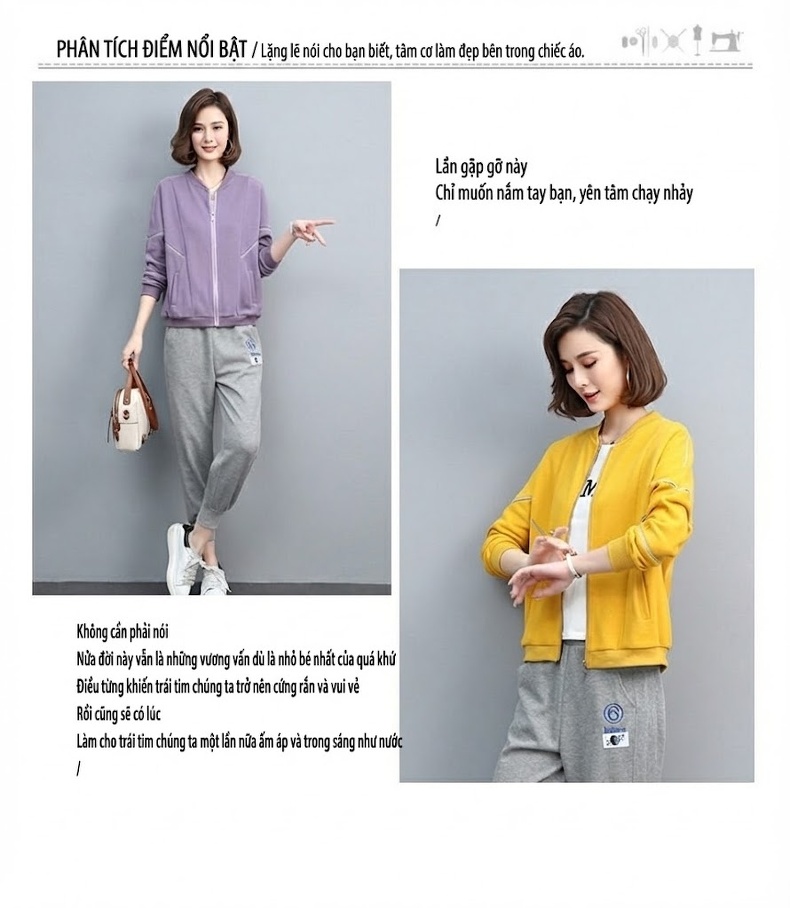Bộ Đồ Thể Thao Nữ Dáng Nhỏ Áo Khoác Quần Dài Phong Cách Trẻ Trung Màu Tím, Vàng, Xanh, Xám chi tiết 33
