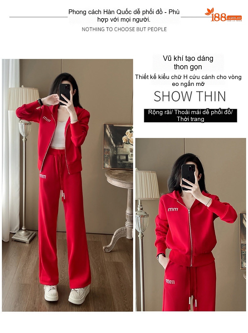 Bộ Đồ Thể Thao Nữ Lông Cừu Non Dày Dặn Áo Khoác Có Mũ Quần Ống Rộng Màu Đỏ chi tiết 1