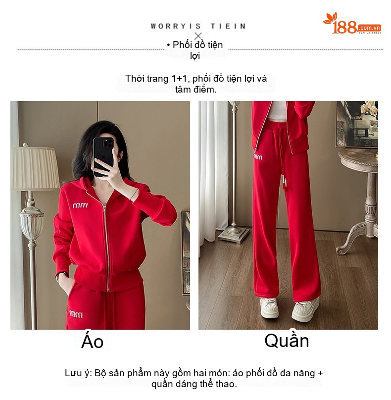 Bộ Đồ Thể Thao Nữ Lông Cừu Non Dày Dặn Áo Khoác Có Mũ Quần Ống Rộng Màu Đỏ chi tiết 3