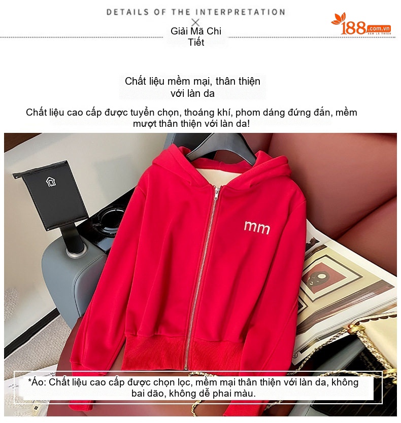 Bộ Đồ Thể Thao Nữ Lông Cừu Non Dày Dặn Áo Khoác Có Mũ Quần Ống Rộng Màu Đỏ chi tiết 5
