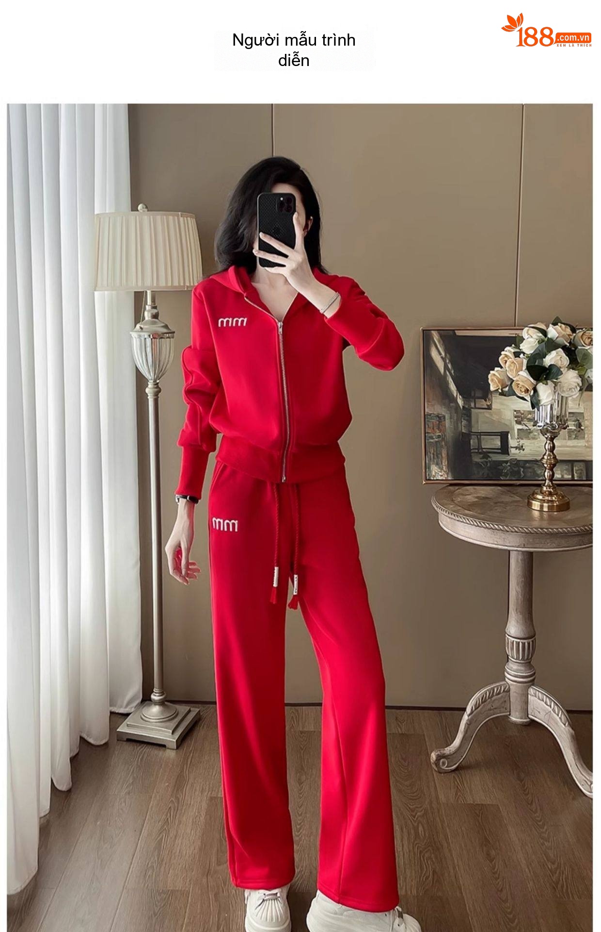 Bộ Đồ Thể Thao Nữ Lông Cừu Non Dày Dặn Áo Khoác Có Mũ Quần Ống Rộng Màu Đỏ chi tiết 9