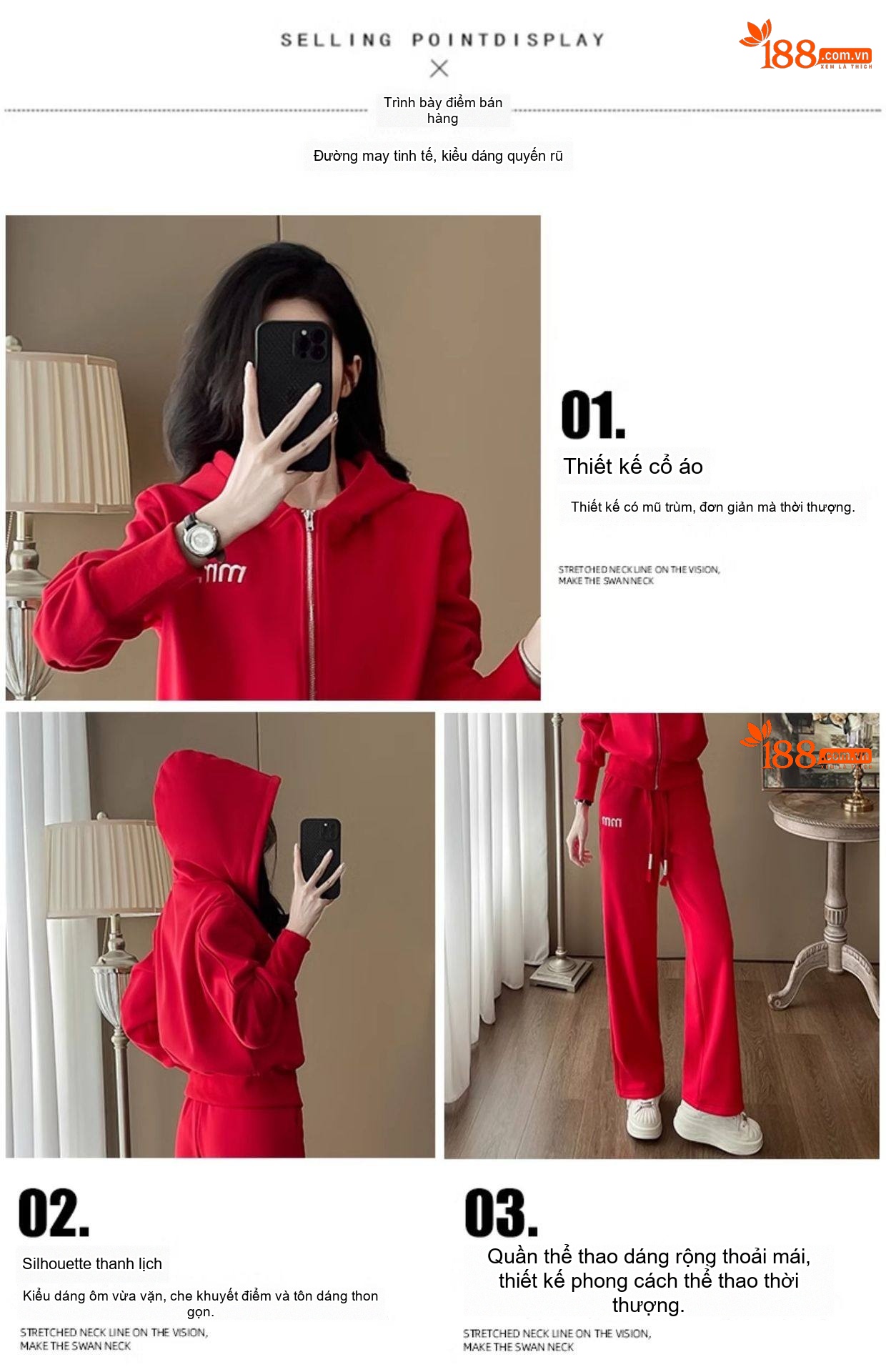 Bộ Đồ Thể Thao Nữ Lông Cừu Non Dày Dặn Áo Khoác Có Mũ Quần Ống Rộng Màu Đỏ chi tiết 2