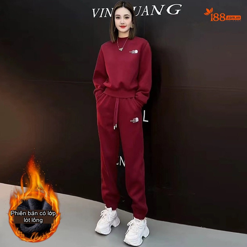 Bộ Đồ Thu Đông Nữ Áo Hoodie Quần Thể Thao Dáng Rộng Màu Đỏ