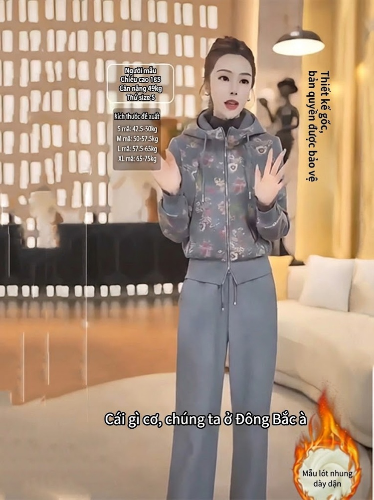 Bộ Đồ Thu Đông Nữ Áo Khoác Có Mũ Dây Kéo Và Quần Dài In Hoa Lót Lông Màu Xám chi tiết 2