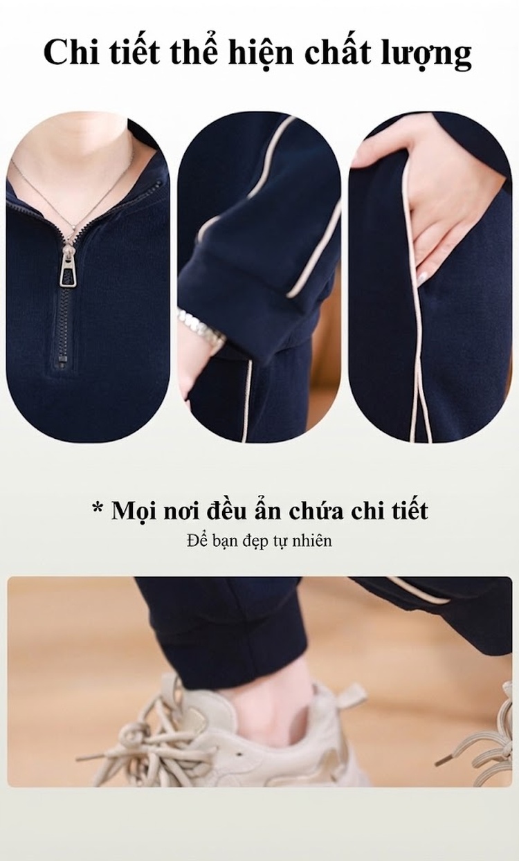 Bộ Đồ Thu Đông Nữ Áo Khoác Dáng Rộng Quần Dài Phong Cách Thể Thao Màu Nâu, Xanh Navy chi tiết 3