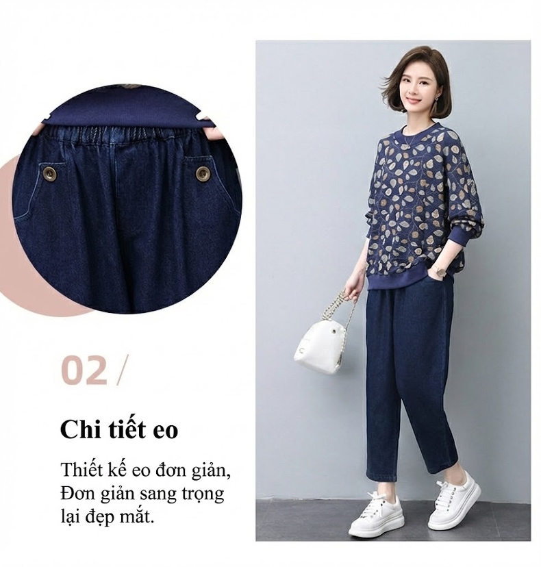 Bộ Đồ Thu Đông Nữ Áo Thun Quần Dài Phong Cách Trẻ Trung Màu Xanh Navy, Nâu chi tiết 3