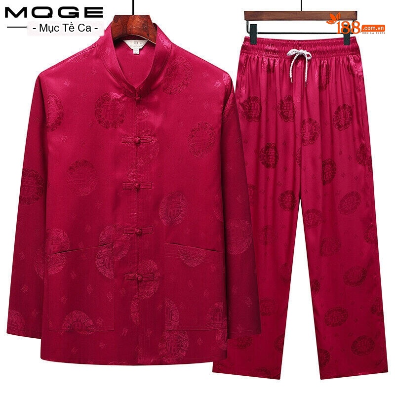 Bộ Đồ Trung Niên Nam Áo Tay Dài Quần Dài Lụa Băng Mỏng Mát Phong Cách Đường Trang Màu Đỏ, Xám, Xanh Navy, Vàng Kem