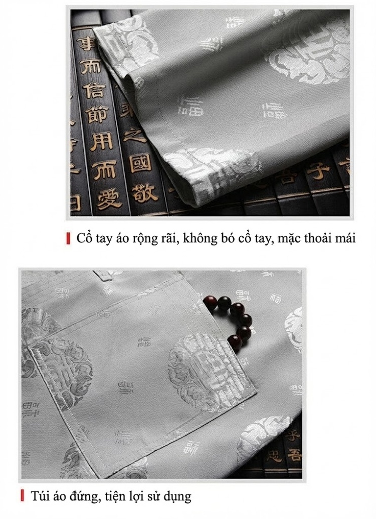 Bộ Đồ Trung Niên Nam Áo Tay Dài Quần Dài Lụa Băng Mỏng Mát Phong Cách Đường Trang Màu Đỏ, Xám, Xanh Navy, Vàng Kem chi tiết 2