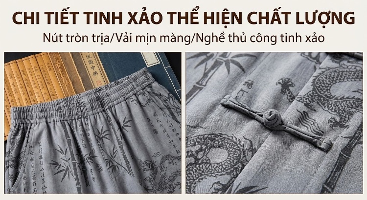 Bộ Đồ Trung Niên Nam Áo Tay Dài Quần Dài Lụa Băng Mỏng Mát Phong Cách Đường Trang Màu Đỏ, Xám, Xanh Navy, Vàng Kem chi tiết 4
