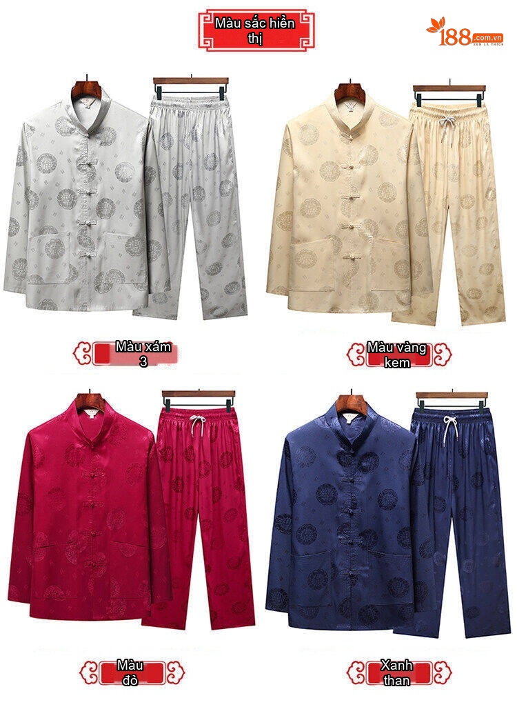 Bộ Đồ Trung Niên Nam Áo Tay Dài Quần Dài Lụa Băng Mỏng Mát Phong Cách Đường Trang Màu Đỏ, Xám, Xanh Navy, Vàng Kem chi tiết 5
