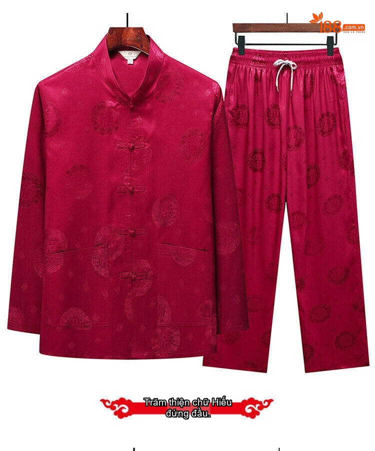 Bộ Đồ Trung Niên Nam Áo Tay Dài Quần Dài Lụa Băng Mỏng Mát Phong Cách Đường Trang Màu Đỏ, Xám, Xanh Navy, Vàng Kem chi tiết 9