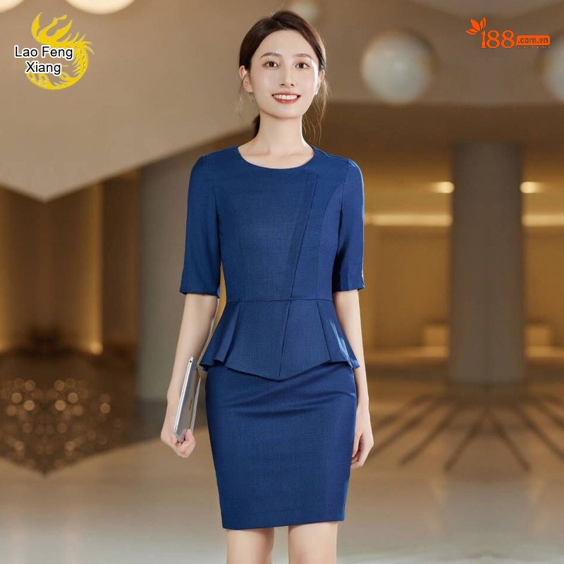 Bộ Quần Áo Công Sở Nữ Tay Ngắn Cổ chữ Vest Phong Cách Lao Feng Xiang Màu Xanh Navy